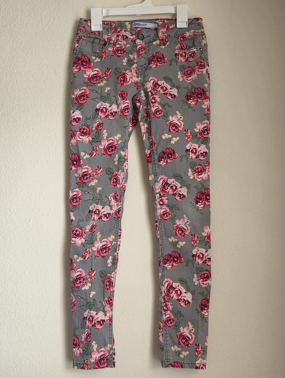 Girls Vigoss Gray Pink Floral Rose Print Skinny Jeans  Size 12